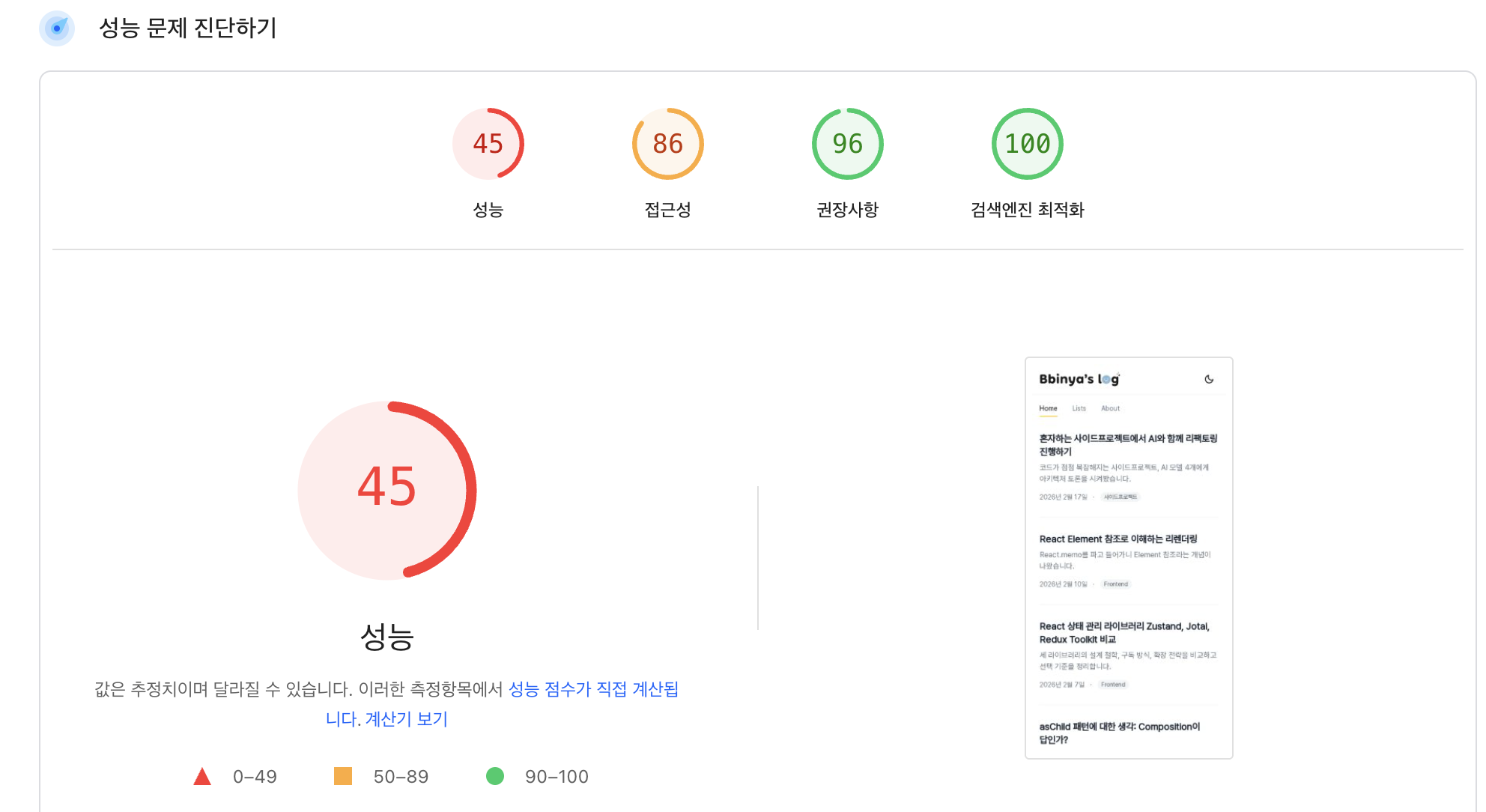 Next.js 모바일 Lighthouse 결과 — 성능 45점